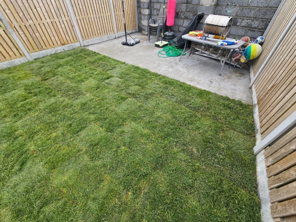 New Lawn Installation in Kildare Town, County Kildare including concrete base for a small garage
